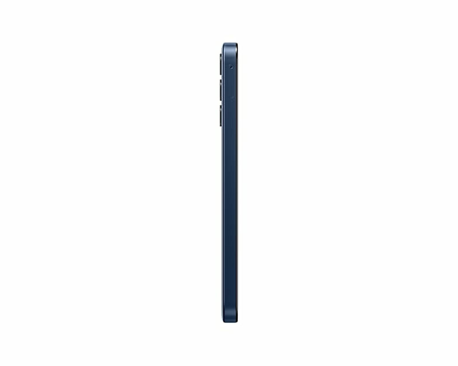 Vista lateral de un teléfono inteligente azul oscuro. El teléfono es elegante con un perfil delgado, sobre un fondo blanco.