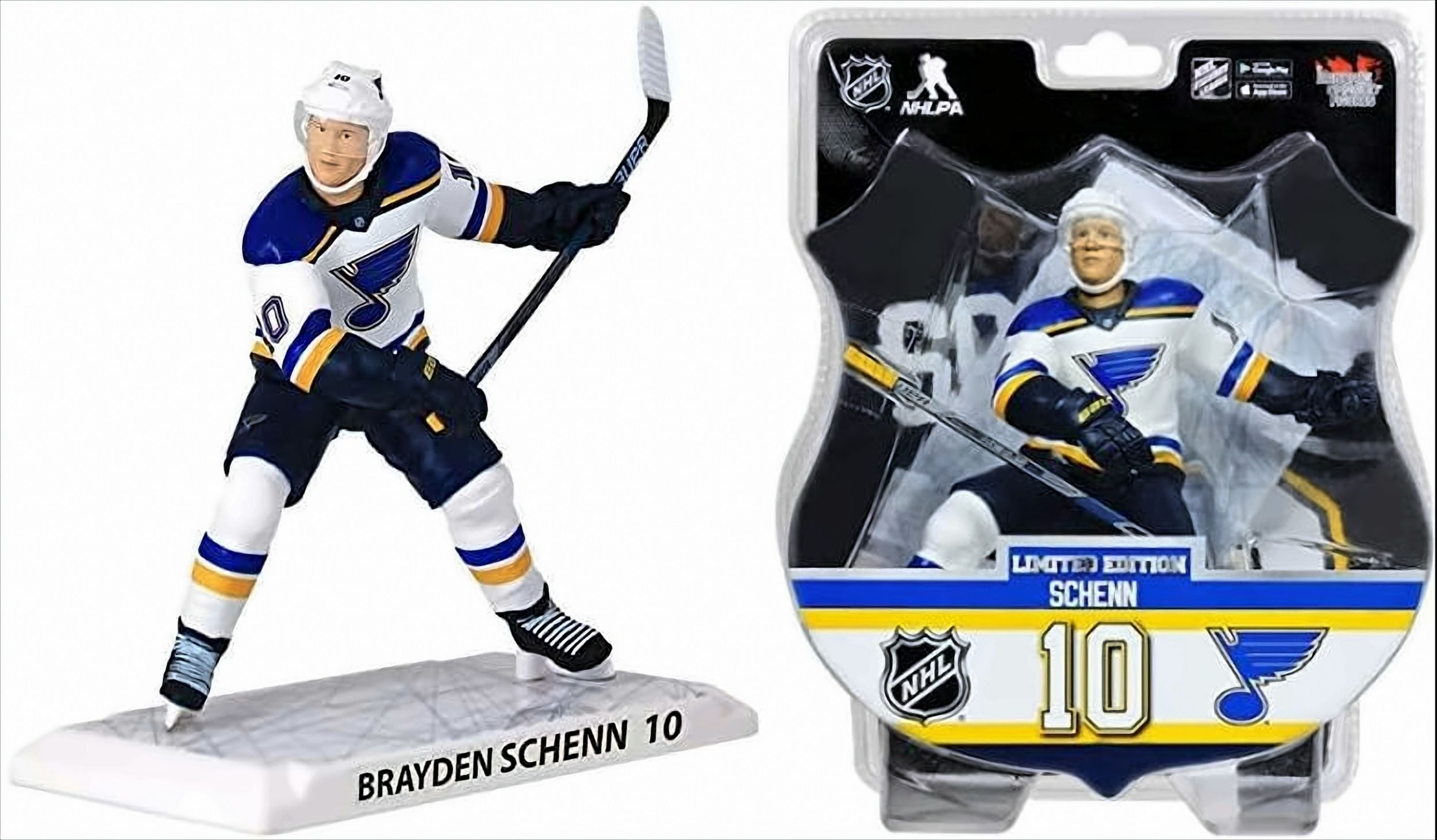 Eishockeyspielerfigur von Brayden Schenn im Blues-Trikot und Verpackung mit NHL-Logo.