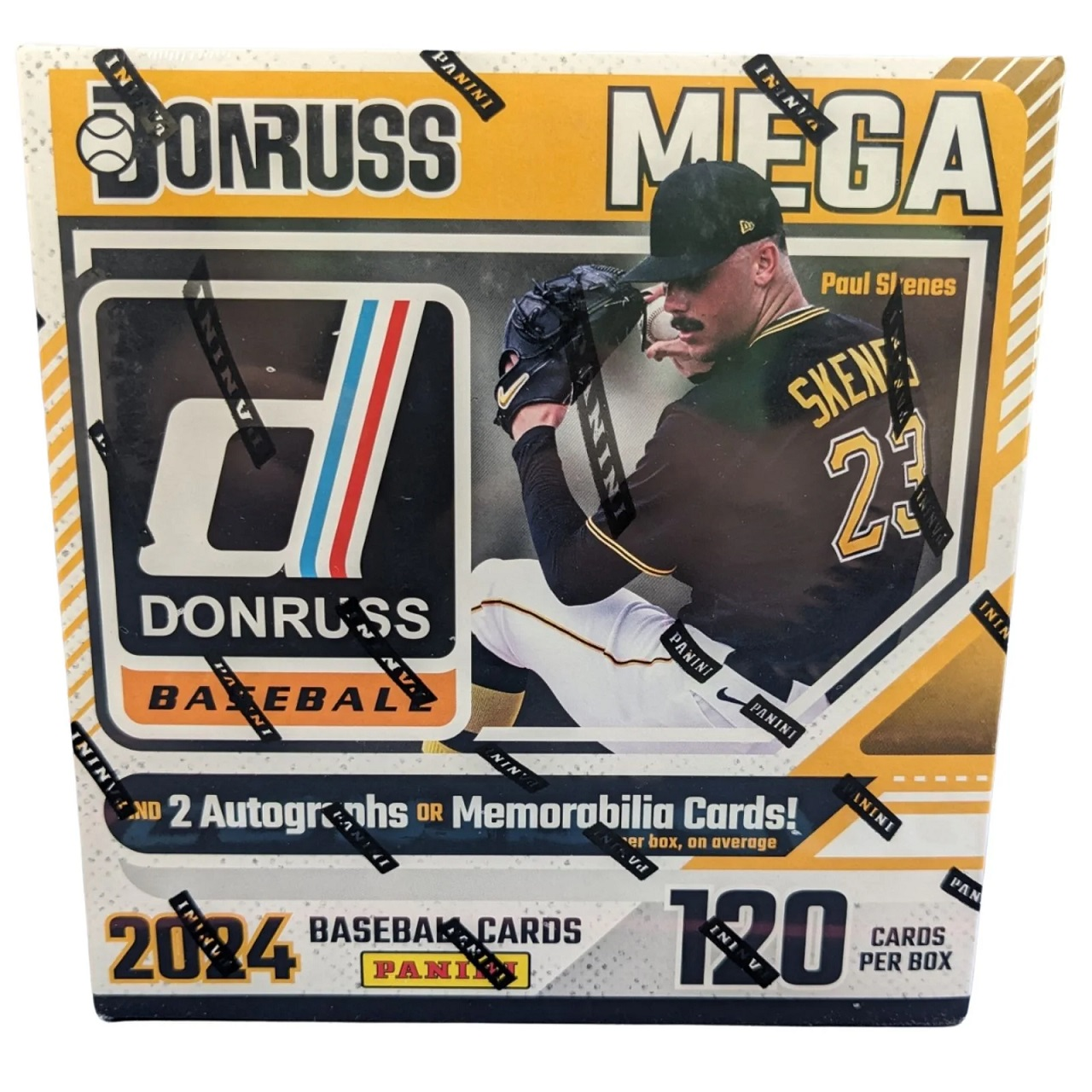 Eine Schachtel mit 2024 Donruss Mega Baseballkarten. Die Schachtel zeigt einen Baseballspieler in Aktion.