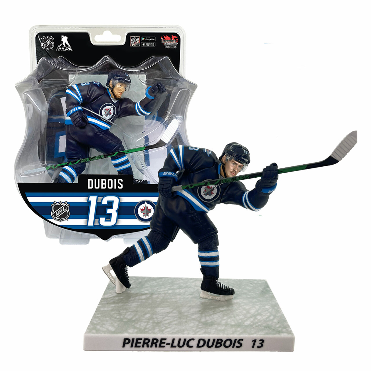 Hockey-Figur von Spieler Pierre-Luc Dubois in einer durchsichtigen Vitrine, mit einem Hockeyschläger.