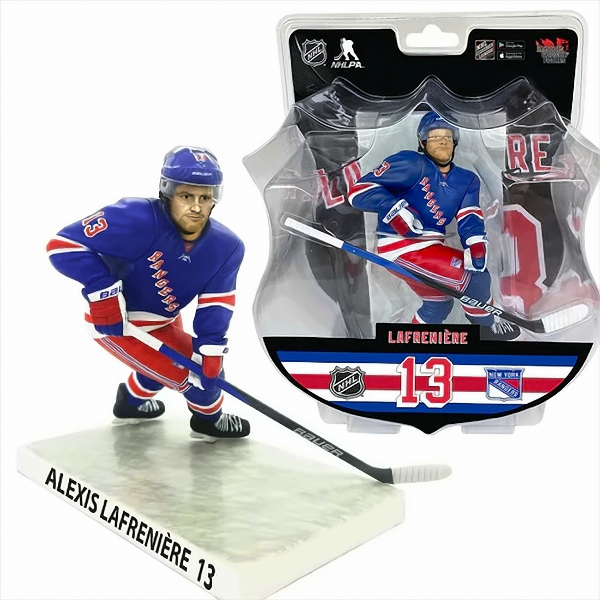 Zwei Hockey-Spieler-Figuren in Action-Posen, eine in einer Verpackung, beide mit Hockeyschlägern.
