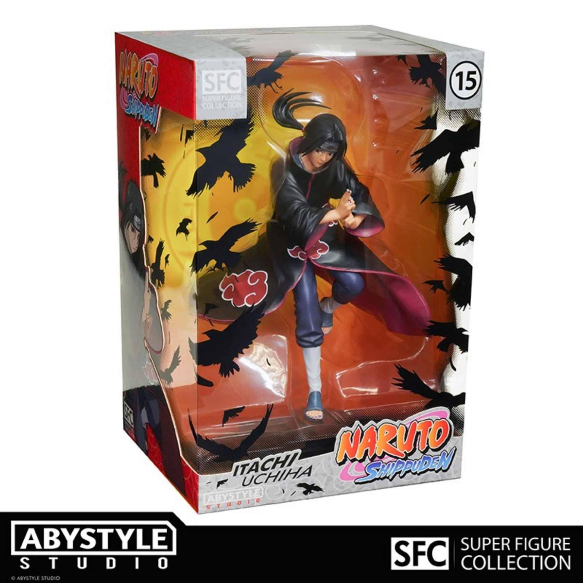 Naruto Shippuden Figur in einer Box. Itachi Uchiha Figur mit schwarzen Krähen im Hintergrund.