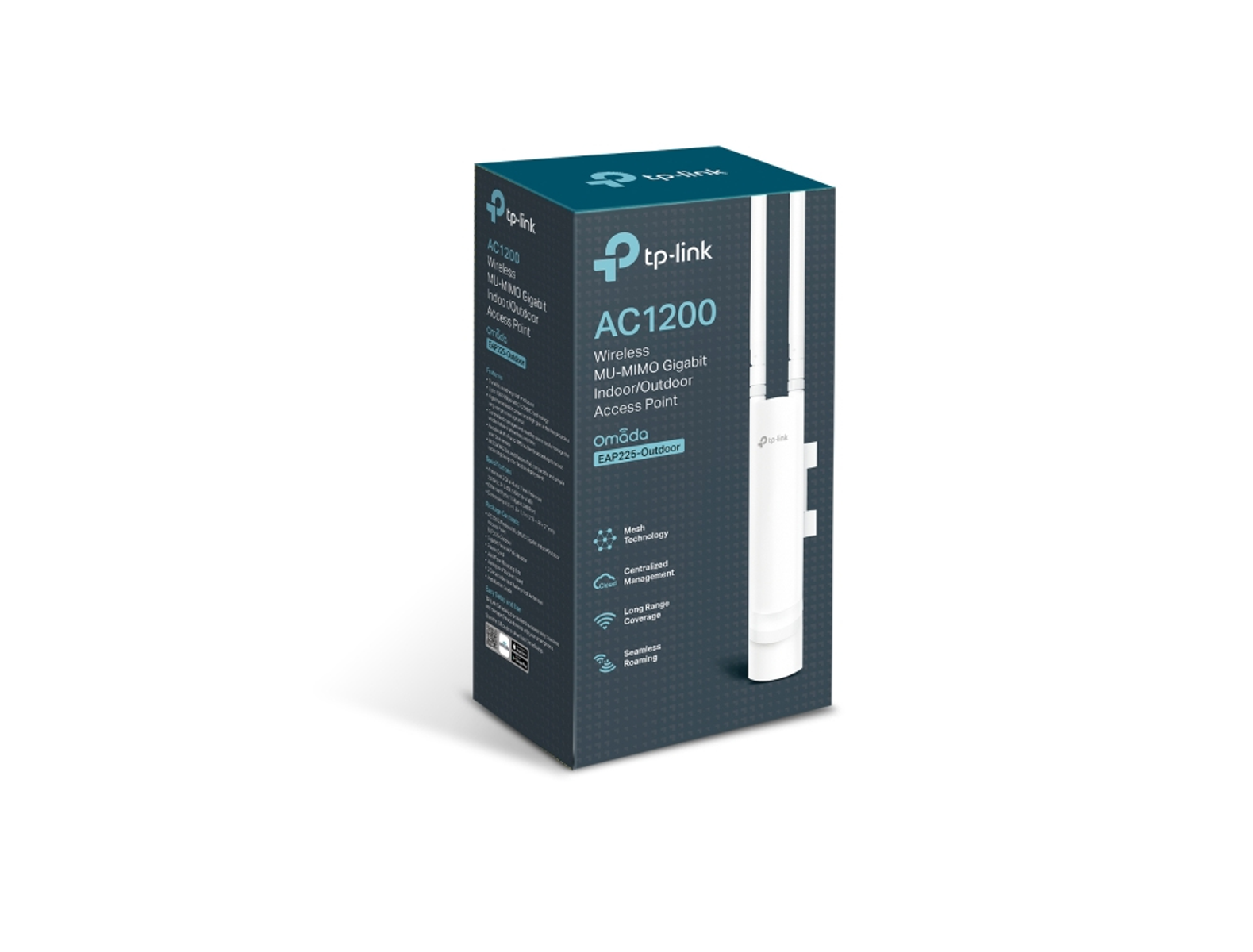 Scatola con un access point bianco. Ha antenne, con il logo tp-link in alto a sinistra.