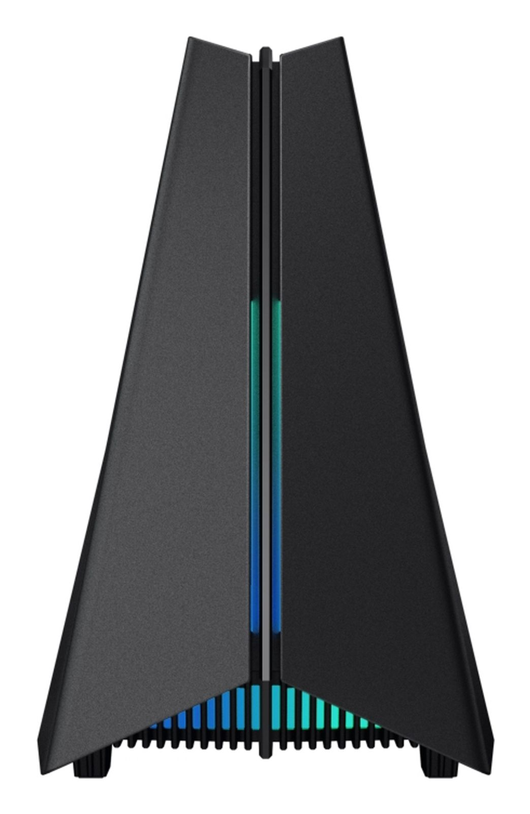 Schwarzes, dreieckiges Computergehäuse mit blauen und grünen Lichtakzenten.