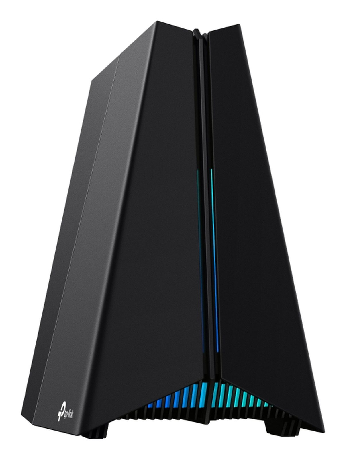 Ein schwarzer TP-Link-Router mit blauen und türkisfarbenen Lichtern unten.