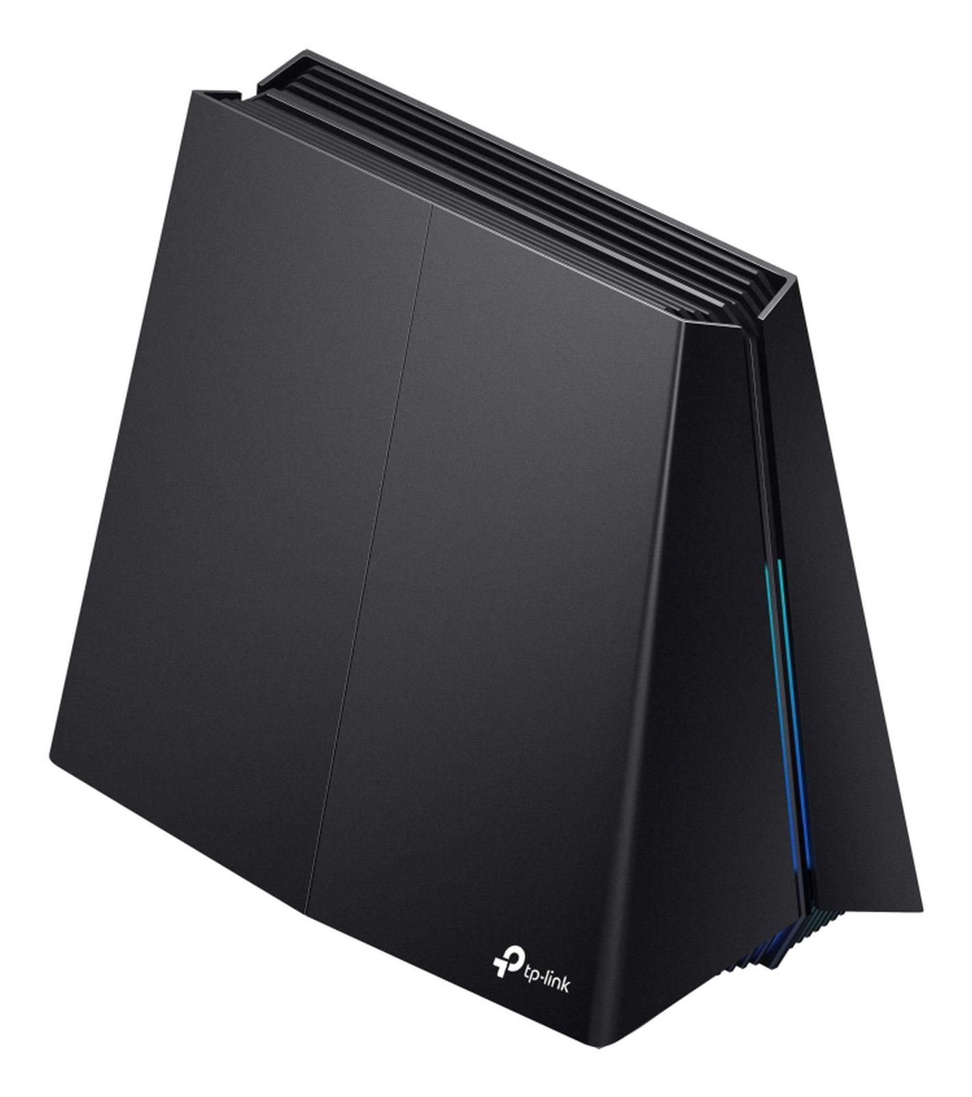 Schwarzer Router mit diagonalem Design. tp-link Logo unten. Weißer Hintergrund.