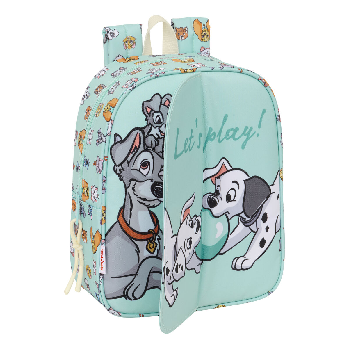 Ein mintgrüner Rucksack mit einem Cartoon von Hund und Katze. Der Rucksack ist auf weißem Hintergrund.