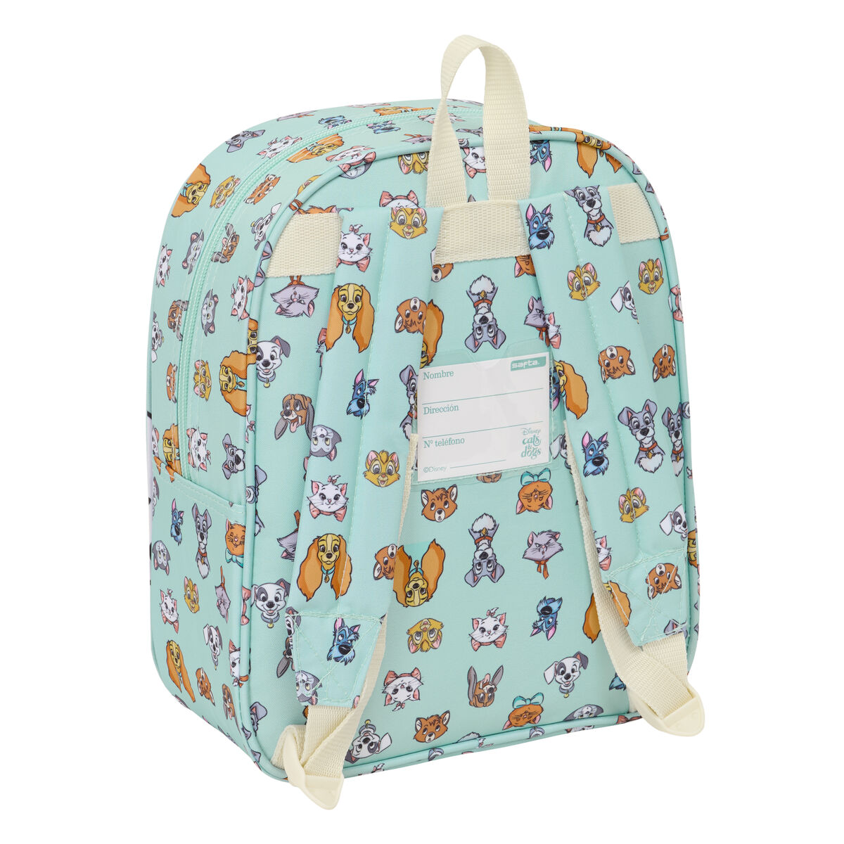 Rucksack mit Hundeaufdruck, hellblau mit weißen Trägern. Namensschild und Adressfeld.