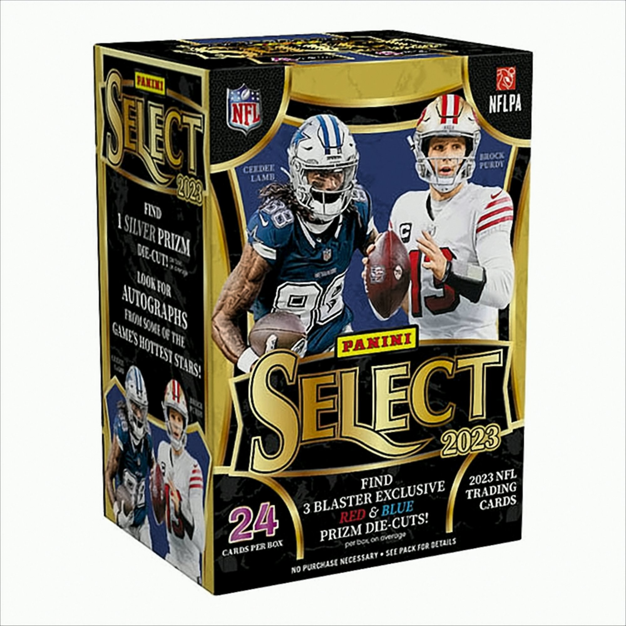 Eine Panini Select 2023 Trading Card Box mit Bildern von NFL-Spielern und Text zu den Karten.