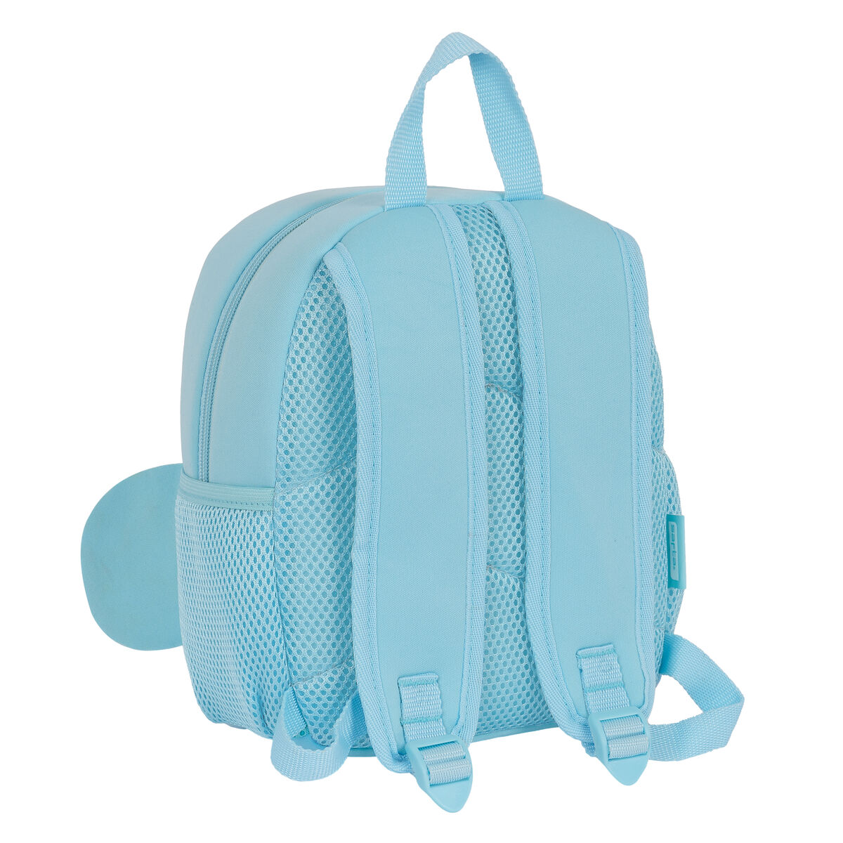 Hellblauer Rucksack mit Netzrücken und kleiner Seitentasche.