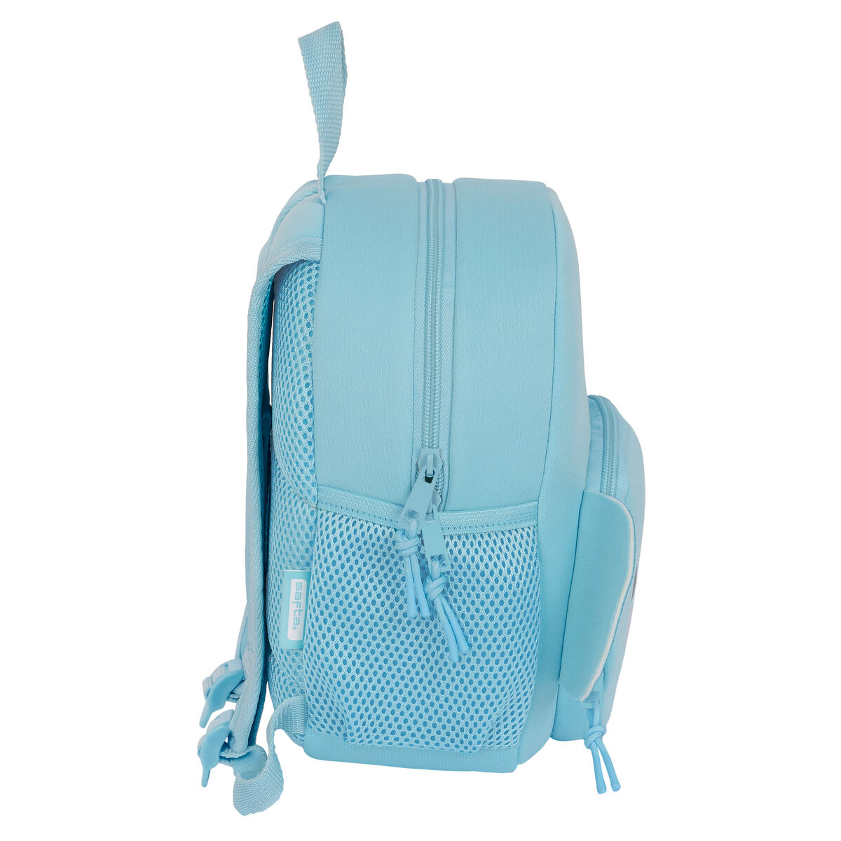 Hellblauer Rucksack im Profil, mit seitlicher Netztasche und Reißverschluss.