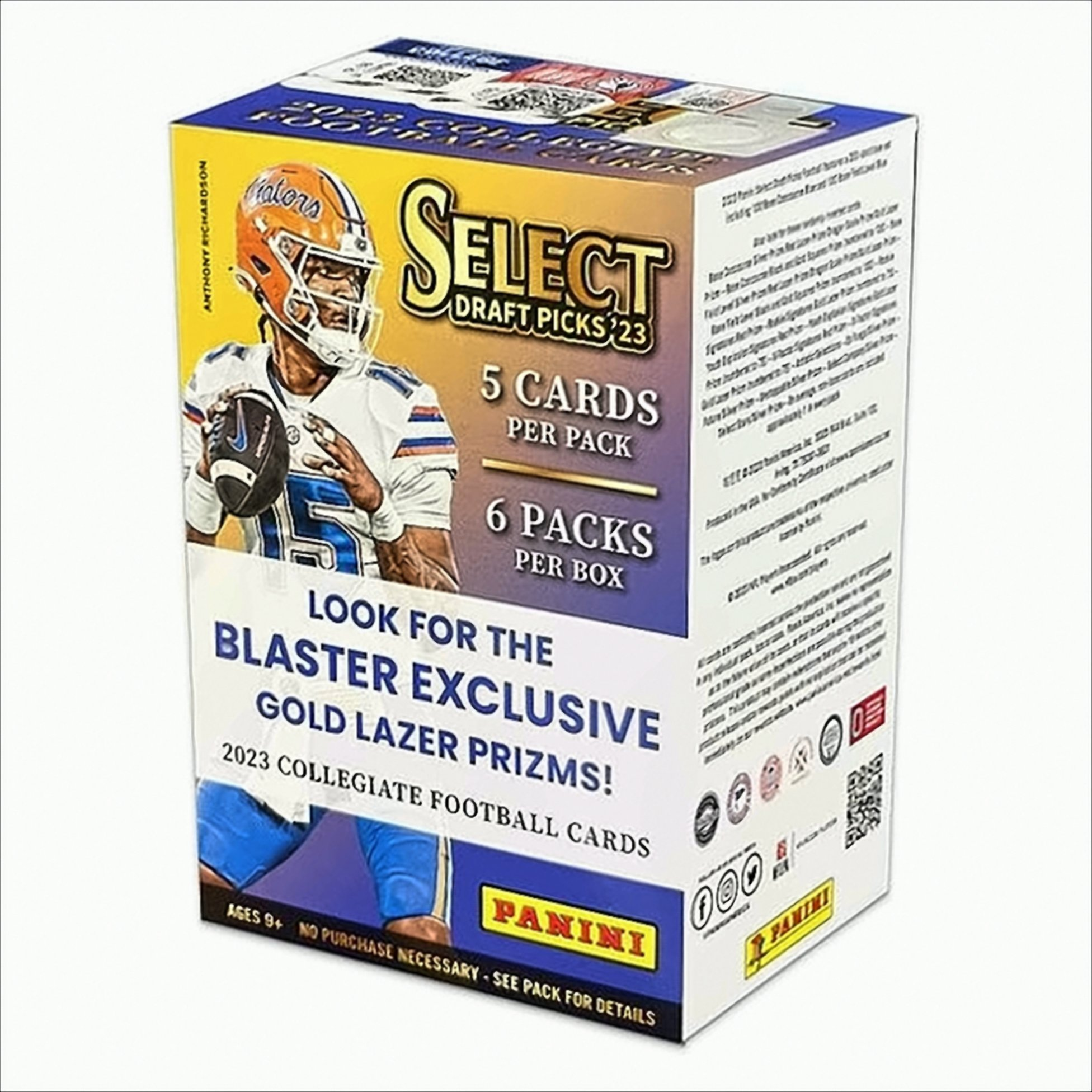 Box mit Panini Select Draft Picks '23 College-Footballkarten. Auf der Box ist ein Spieler mit Footballhelm abgebildet.