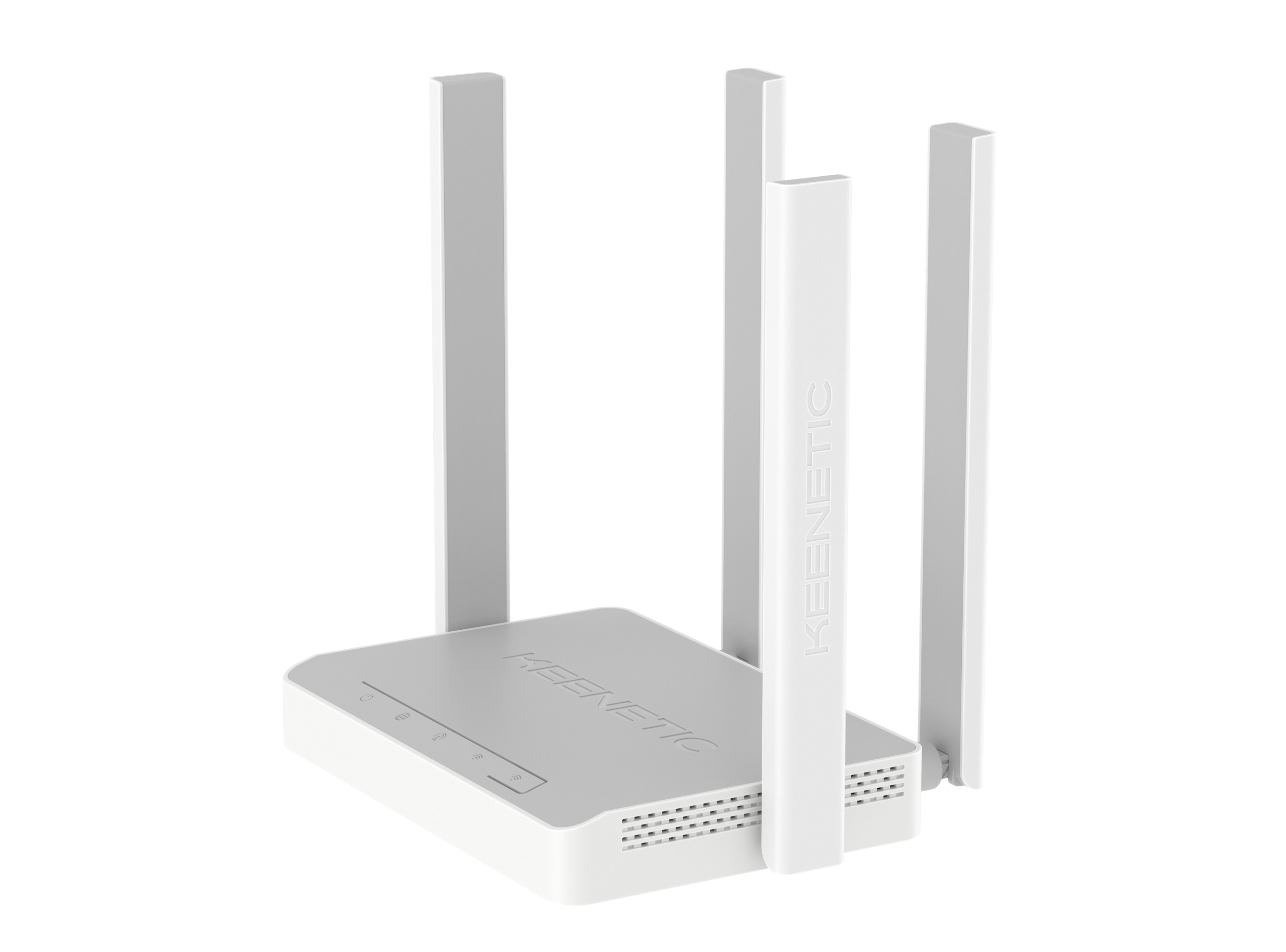 Biały router Keenetic z czterema antenami. Router ma białą obudowę i logo Keenetic.