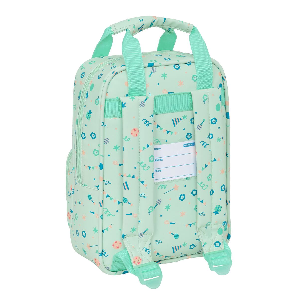 Minzgrüner Rucksack mit Blumenmuster, Namensschild und Trägern.