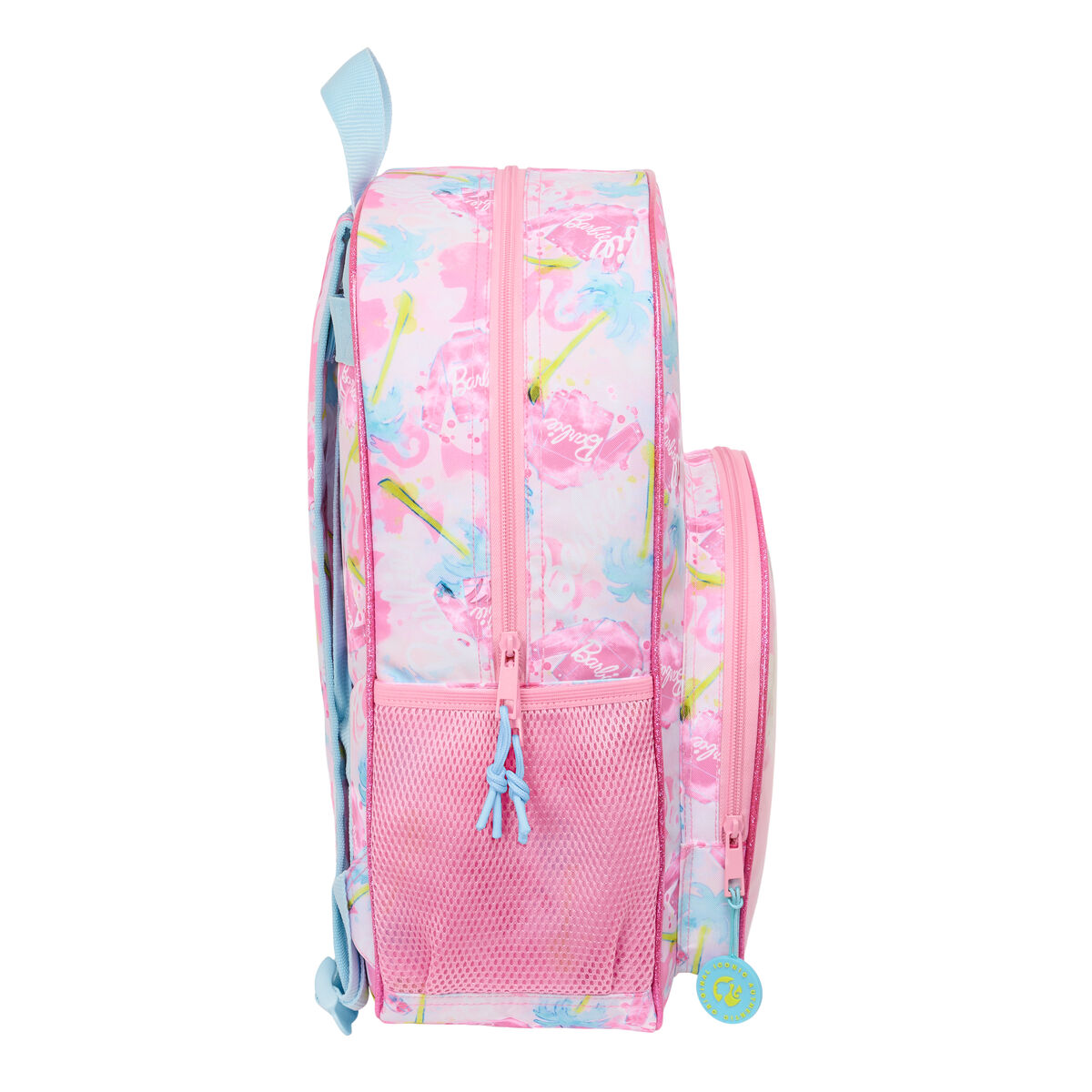 Rosa Barbie-Rucksack mit floralem Muster, Seitentasche und hellblauem Griff und Trägern.