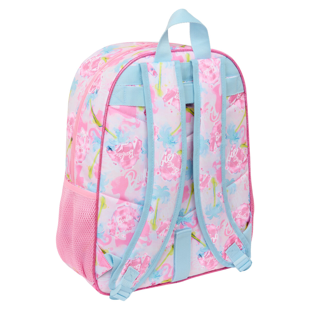 Ein dunkelblauer Rucksack mit Vordertasche und zwei Seitentaschen. Er hat einen silbernen Reißverschluss.