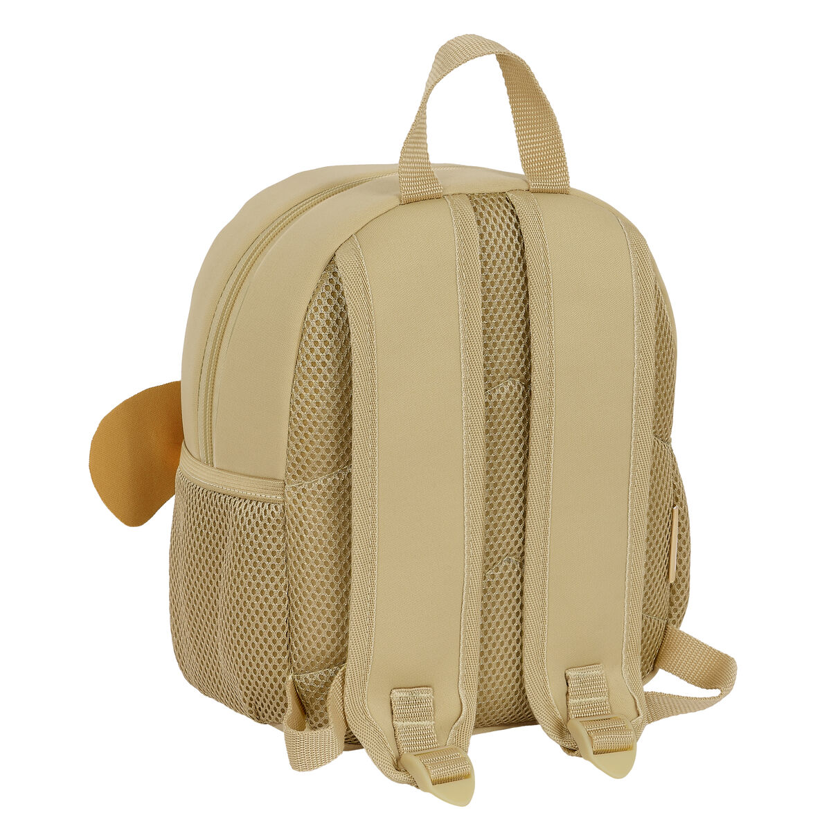 Beigefarbener Rucksack mit Netztaschen und braunem ohrenförmigem Detail. Gurte und Griff sichtbar.