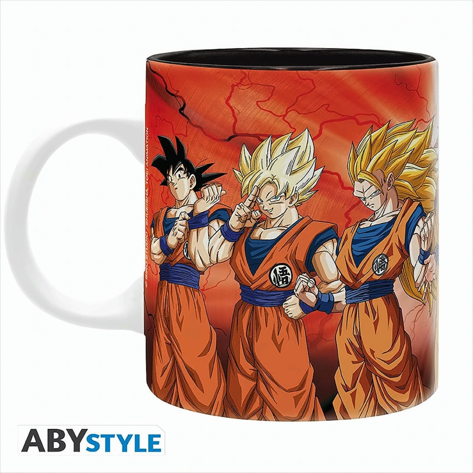 Eine weiße Tasse mit Dragon Ball Z-Figuren bedruckt und dem ABYSTYLE-Logo.