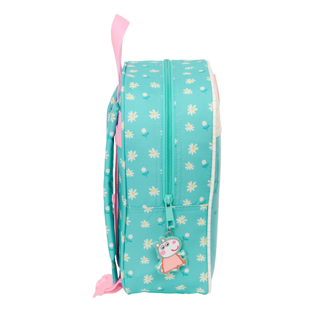 Türkis Rucksack mit weißem Gänseblümchenmuster, rosa Griff und Peppa Wutz-Anhänger.