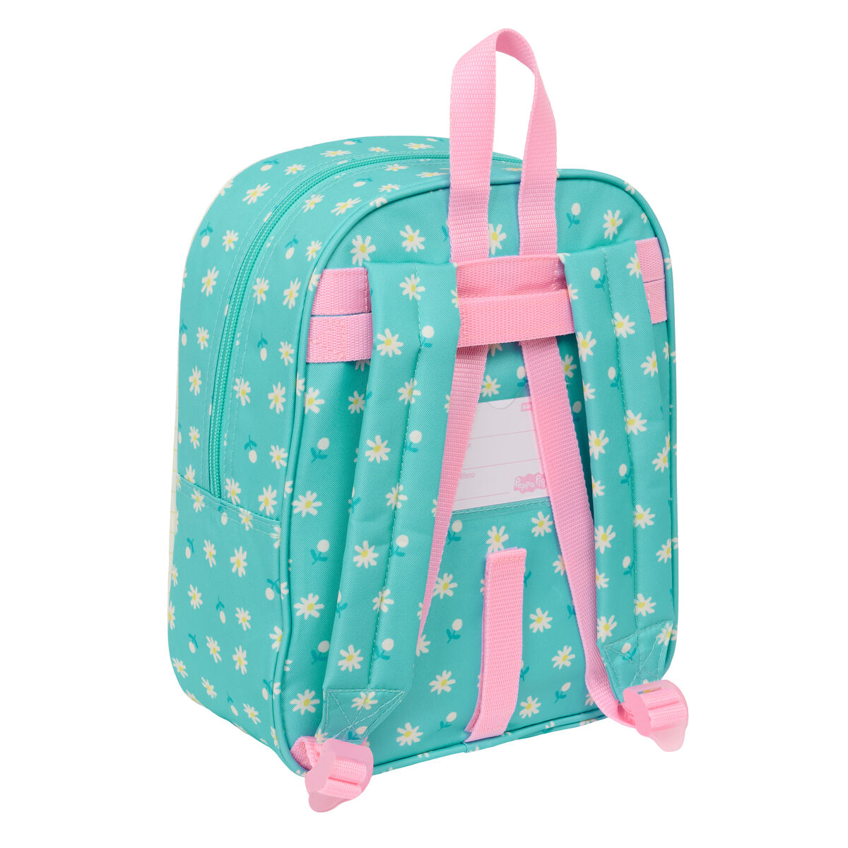Ein türkisfarbener Rucksack mit Gänseblümchenmuster, rosa Trägern und Akzenten. Die Rückseite ist sichtbar.