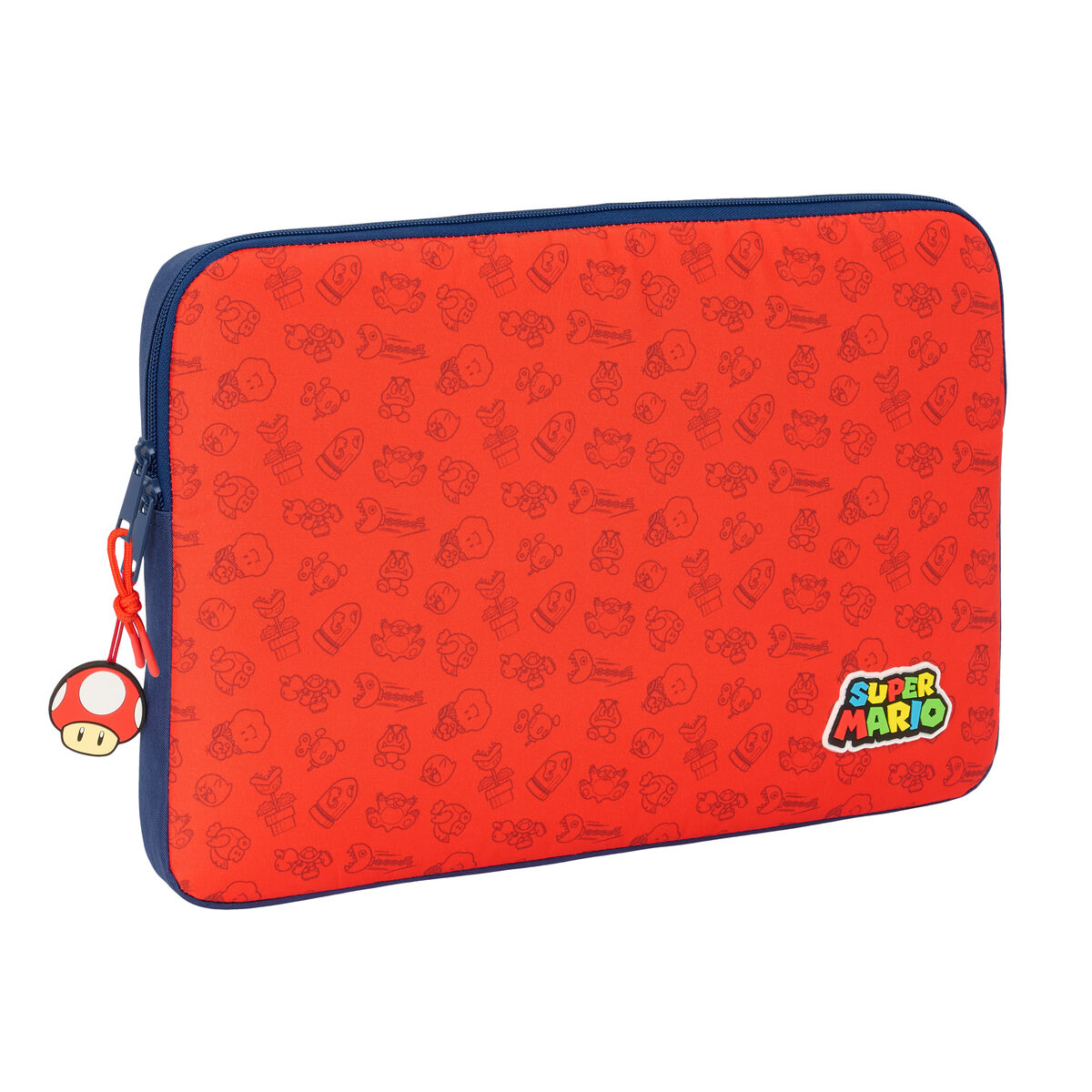 Eine rote Super Mario Laptoptasche mit blauem Reißverschluss und einem Mario-Anhänger.