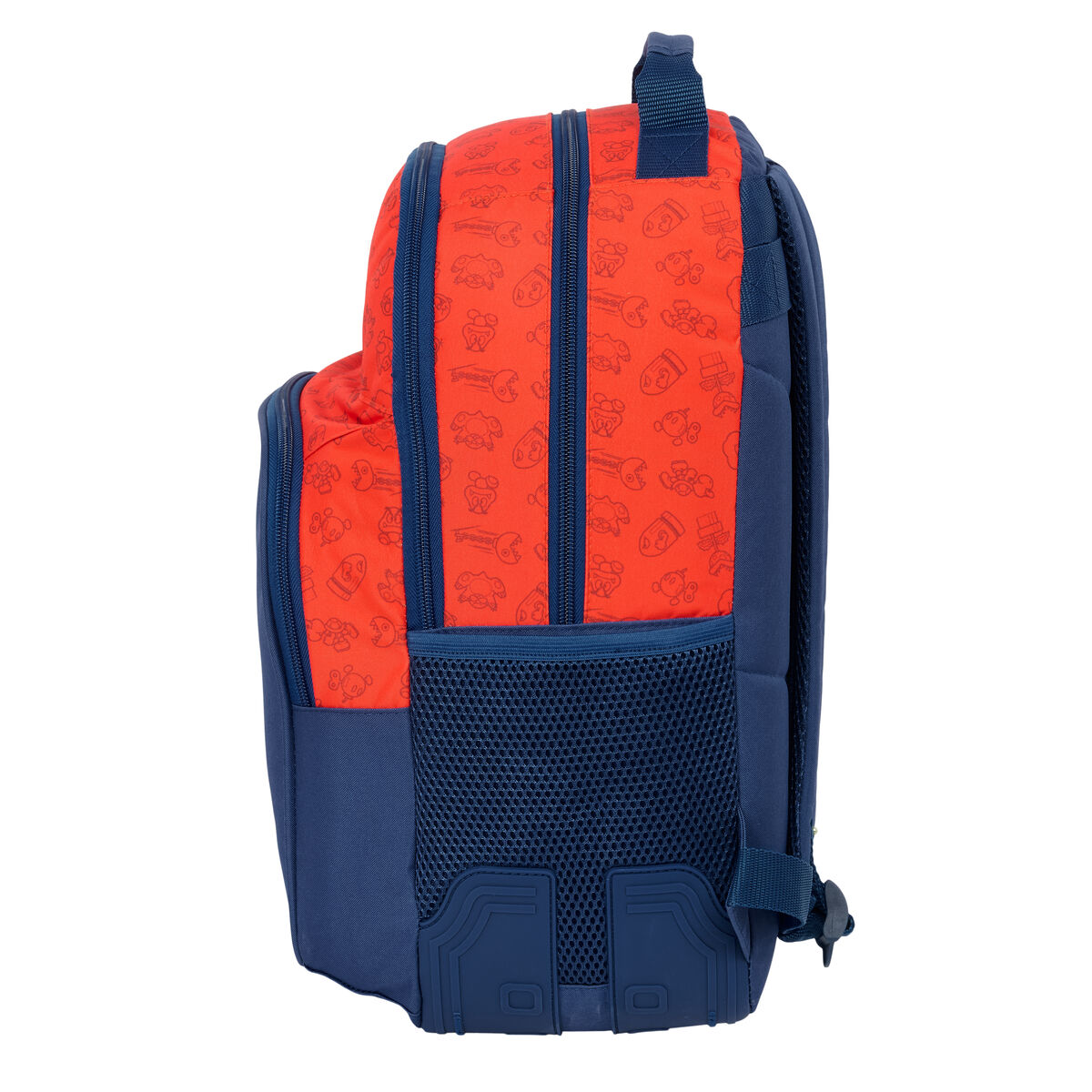 Roter und blauer Rucksack mit Cartoonmustern, seitlicher Netztasche und gepolsterten Trägern.