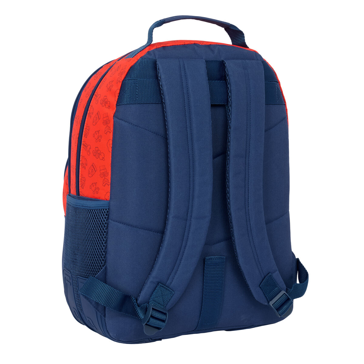 Marineblauer und roter Rucksack. Mit einer Seitentasche aus Mesh und blauen Riemen.