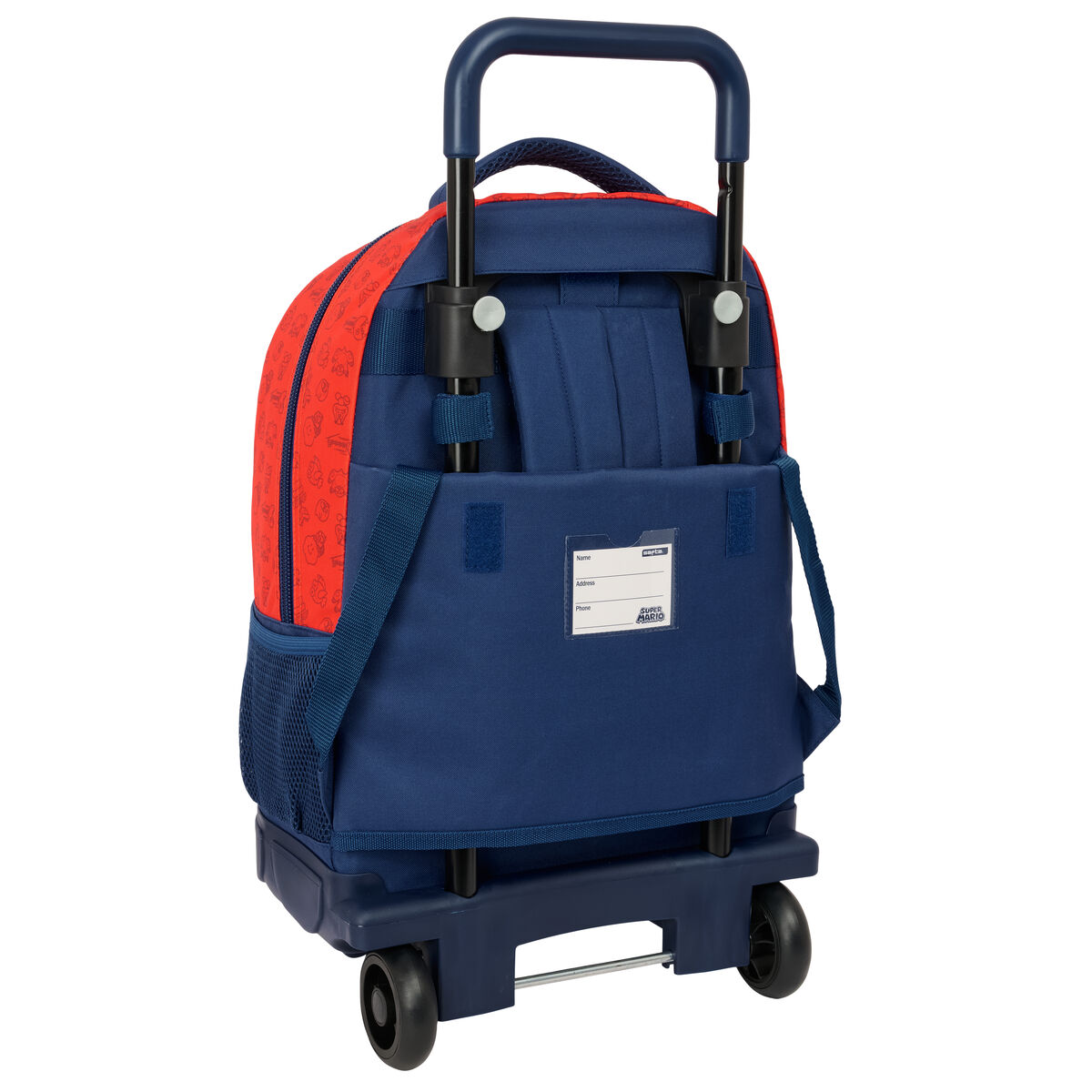 Roter und blauer Rollrucksack mit Cartoon-Grafiken, mit einem Namensschild.