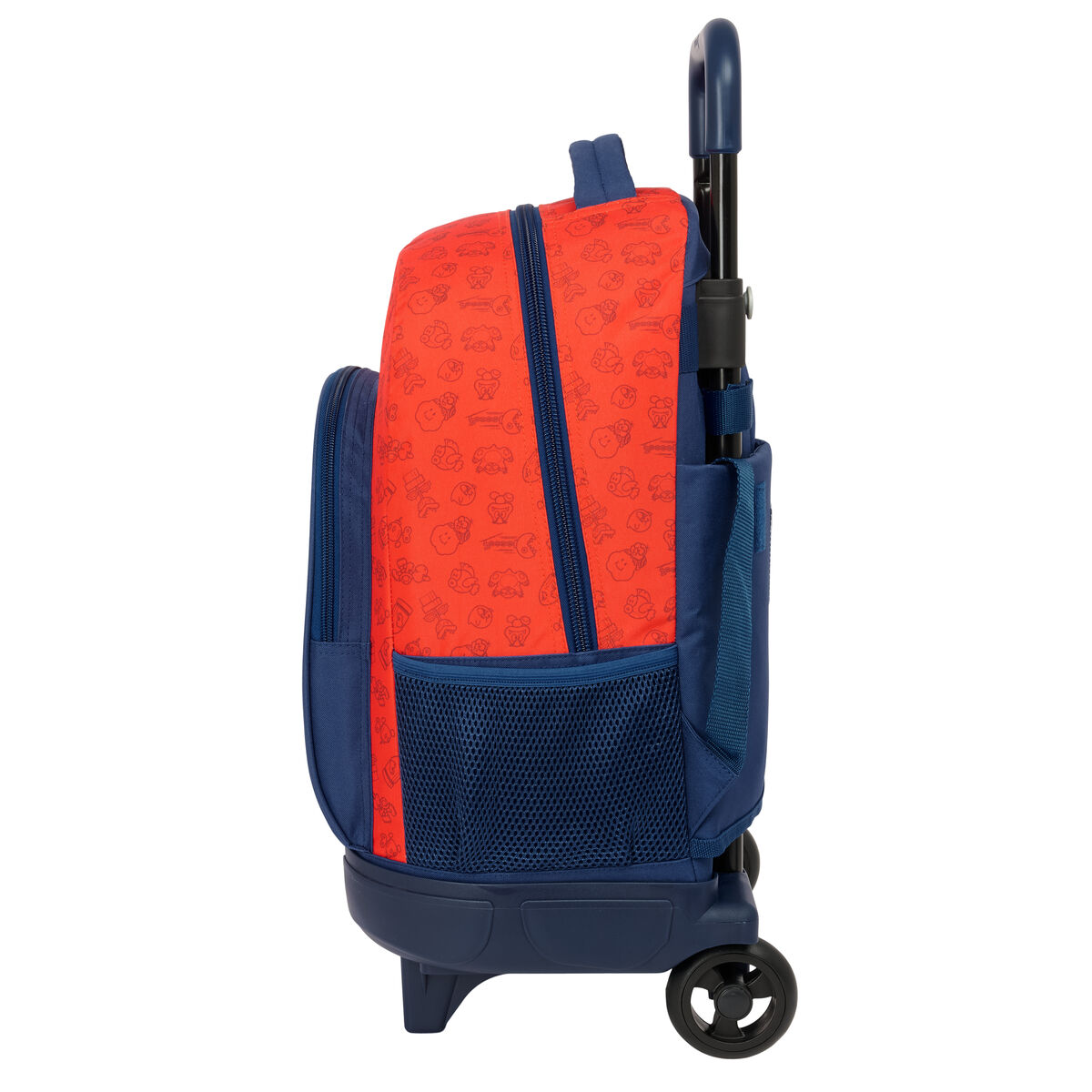 Rollender Rucksack, rot-blaues Design mit Cartoon-Bildern.