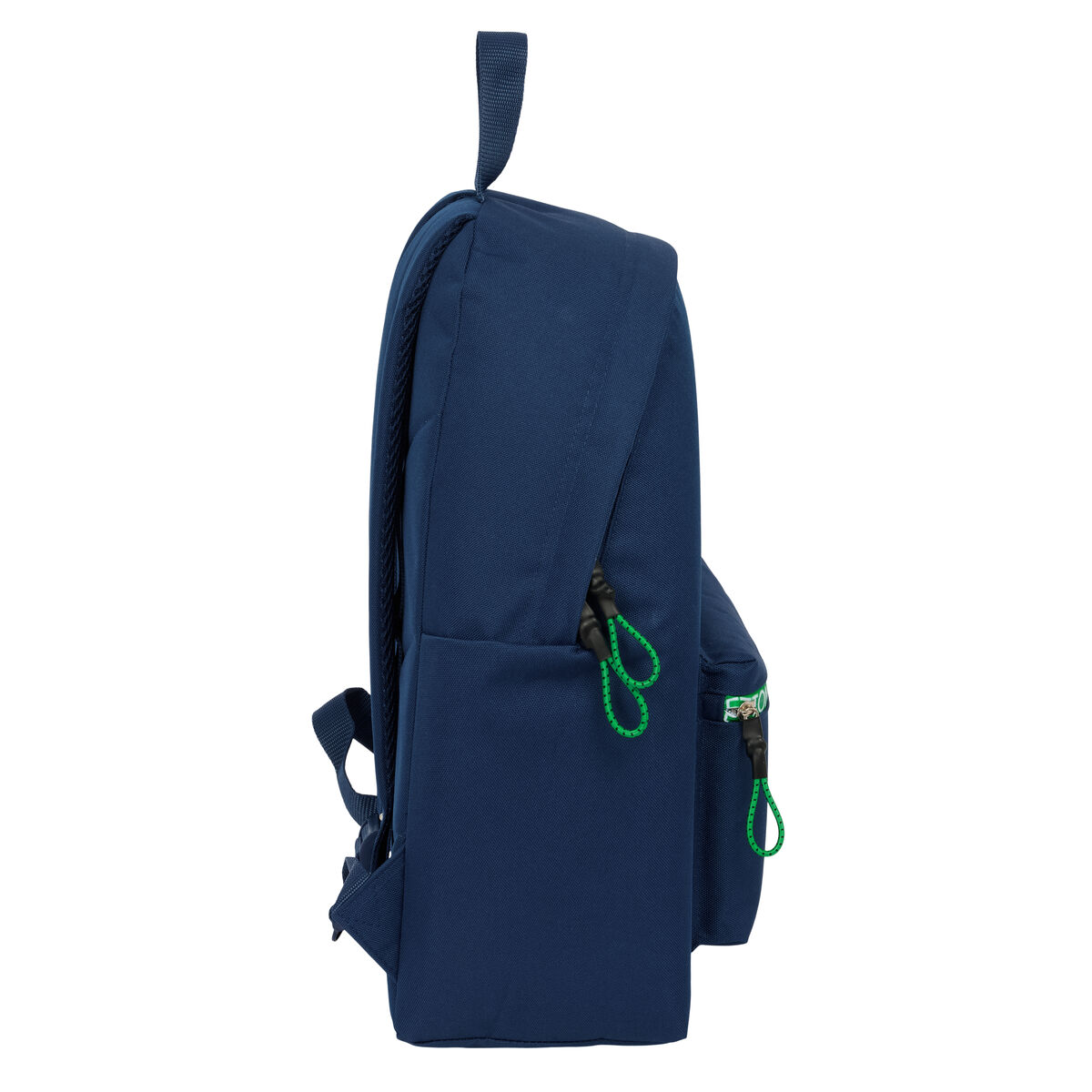 Marineblauer Rucksack, Seitenansicht. Mit kleiner Fronttasche mit grünem Reißverschluss und Griff.