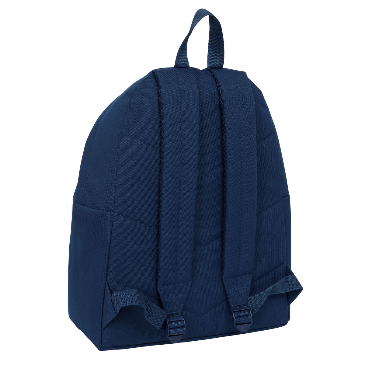 Marineblauer Rucksack, schlichtes Design mit zwei Schultergurten und einem Tragegriff. Weißer Hintergrund.