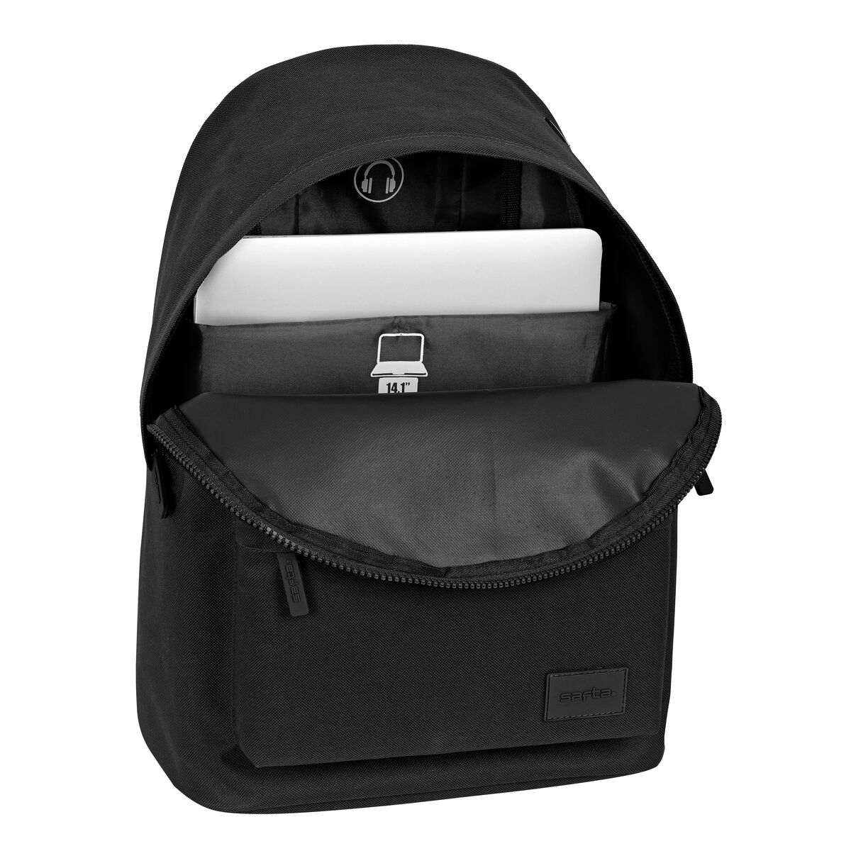 Schwarzer Rucksack, offen, mit Laptop und Kopfhörern. Vordertasche mit Reißverschluss.