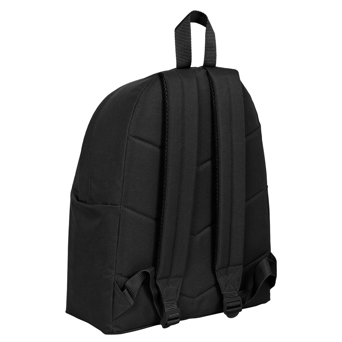 Ein schwarzer Rucksack mit großem Fach und Schultergurten.