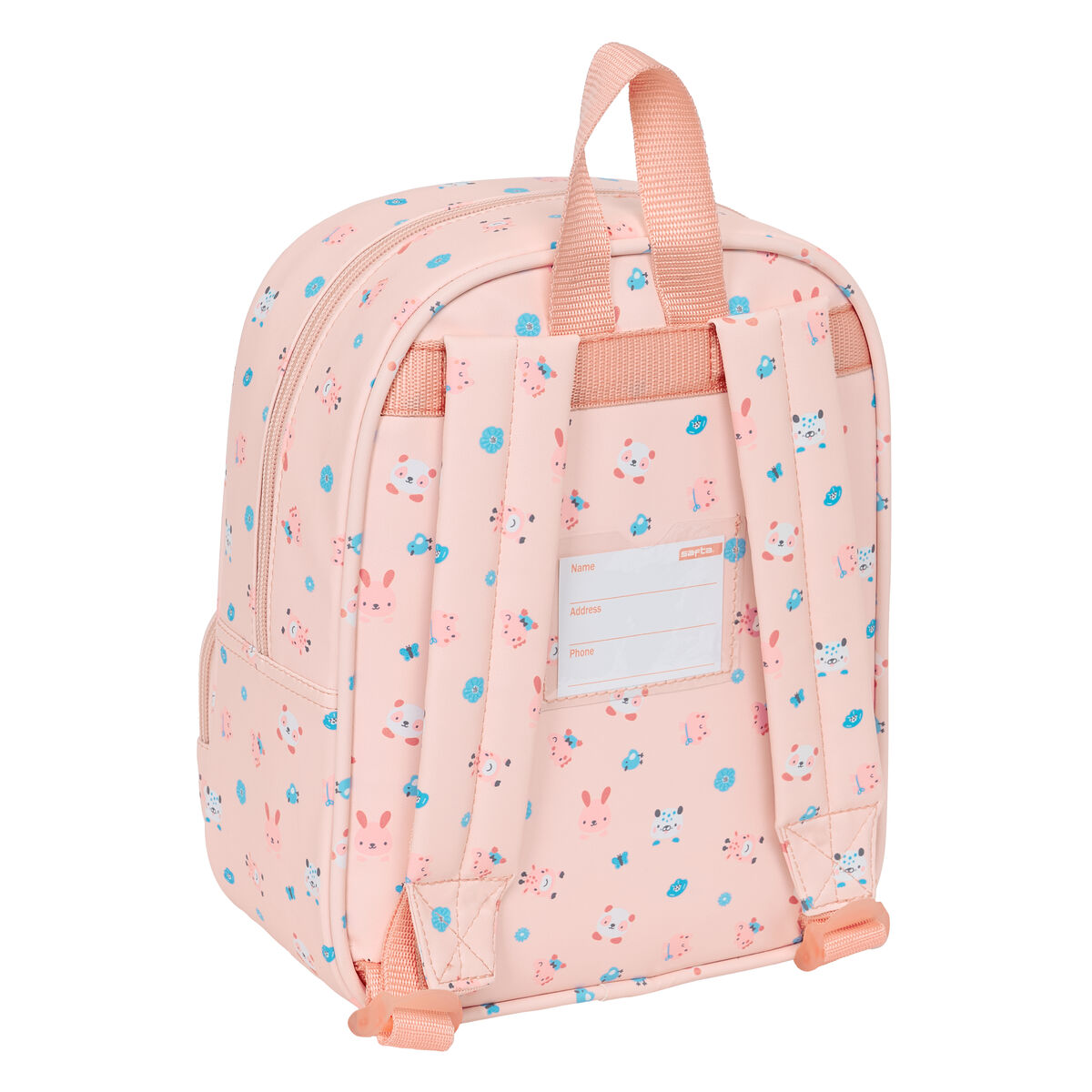 Rosa Rucksack mit Zeichentricktieren. Hat ein Namensschild. Rückansicht.