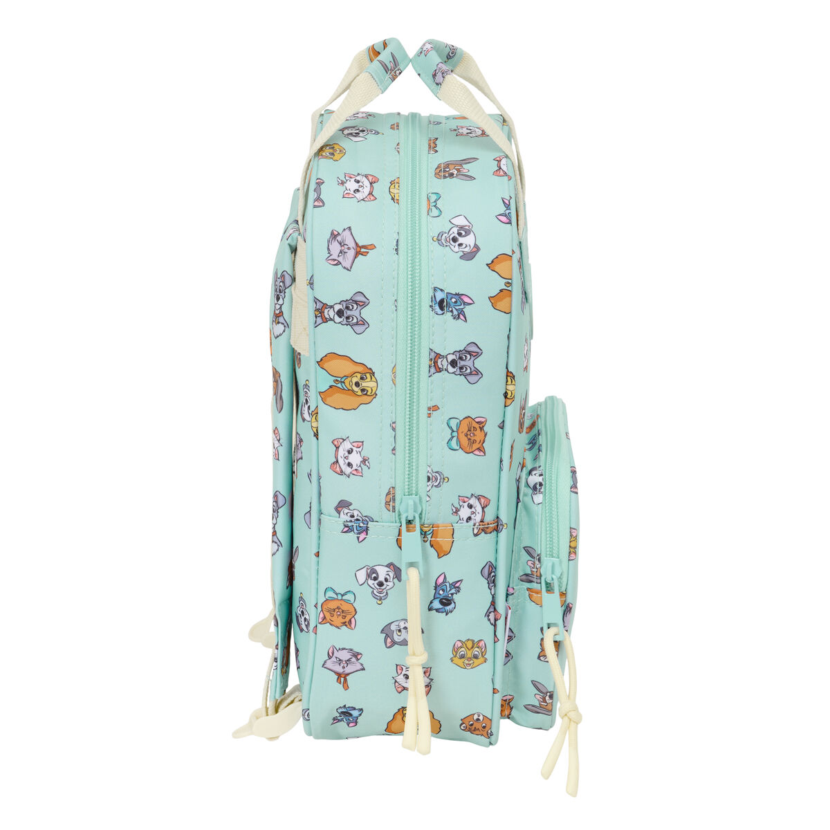 Seitenansicht eines hellblauen Rucksacks mit Hundekarikaturmuster.