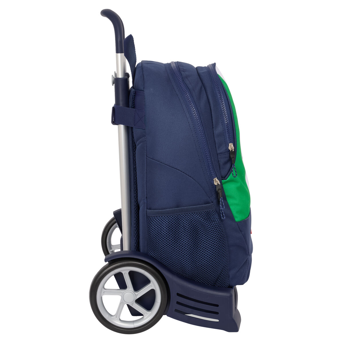 Blauer und grüner Rollrucksack. Der Rucksack ist von der Seite zu sehen.