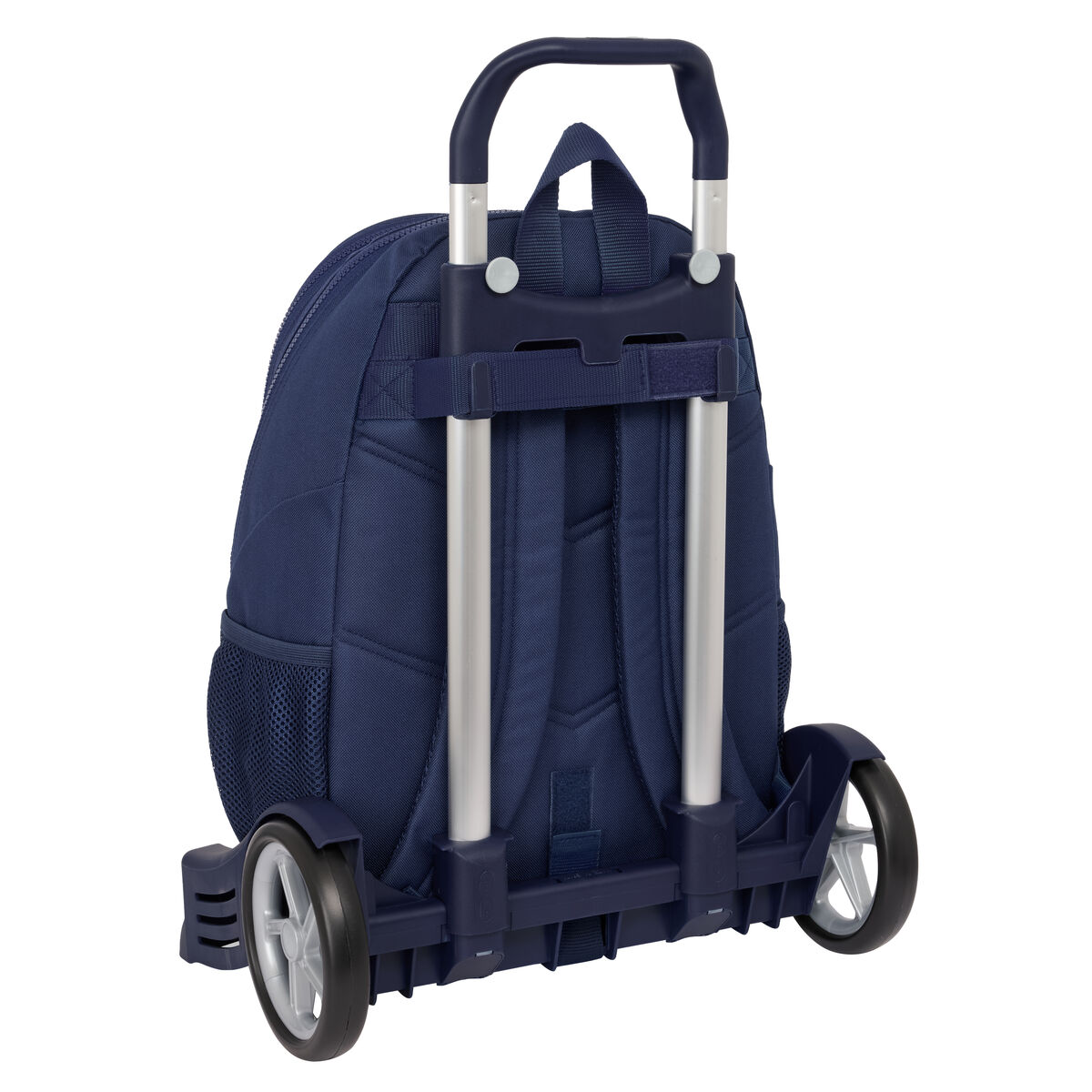 Marineblauer Rucksack mit Trolleysystem, Rückansicht.