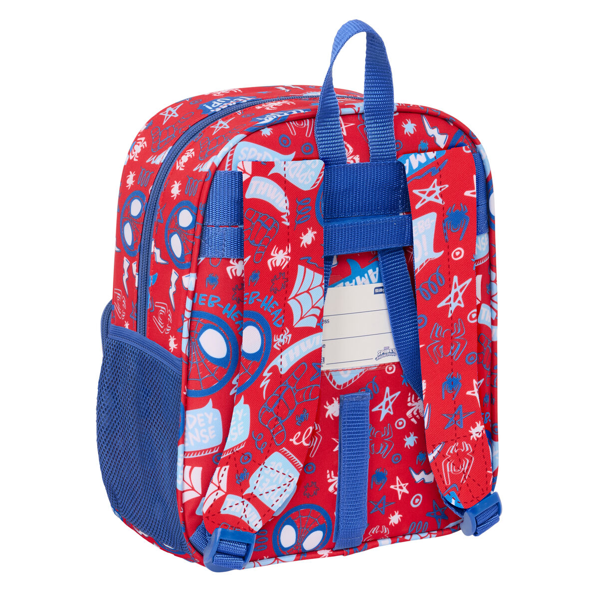 Mochila roja de Spider-Man con asa y correas azules. Presenta gráficos y texto de Spider-Man.