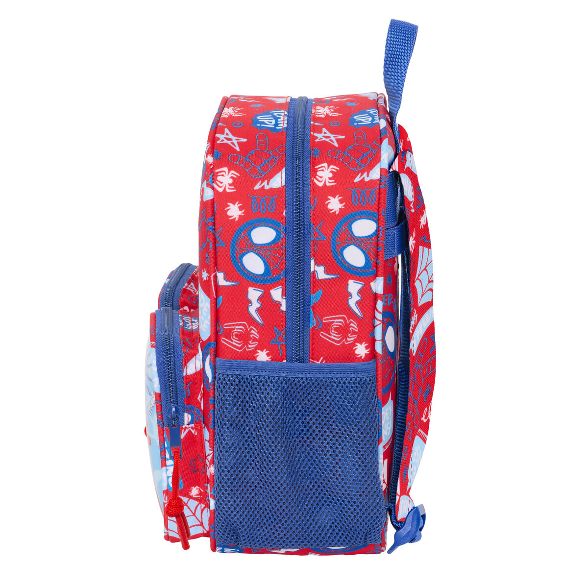 Una mochila roja y azul de Spider-Man con un bolsillo lateral de malla. Logos e imágenes de Spider-Man.