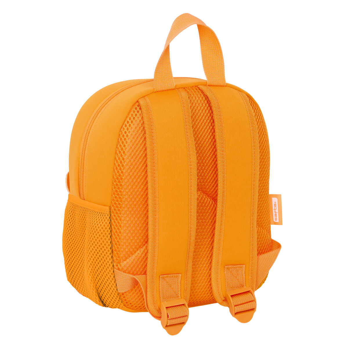 Oranger Rucksack, Rückansicht. Seitentaschen und Träger aus Mesh sind sichtbar.