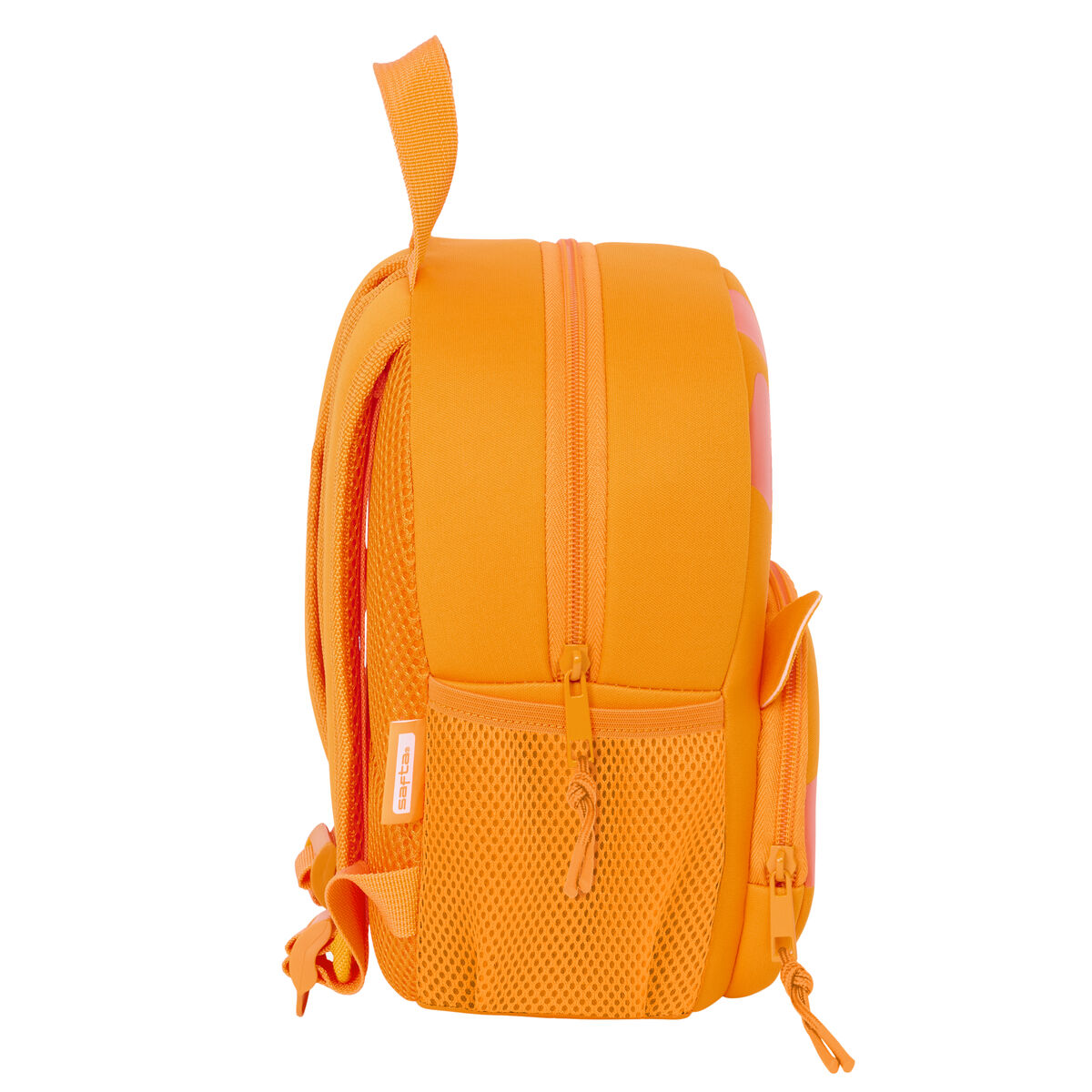 Oranger Rucksack mit seitlicher Netztasche und Reißverschluss. Er hat eine kleine Seitentasche. Safta.