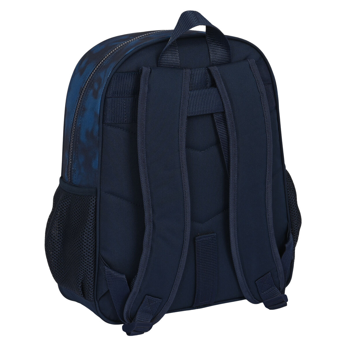Marineblauer Rucksack, Rückansicht. Merkmale sind Netztasche, Gurte und gemusterte Front.