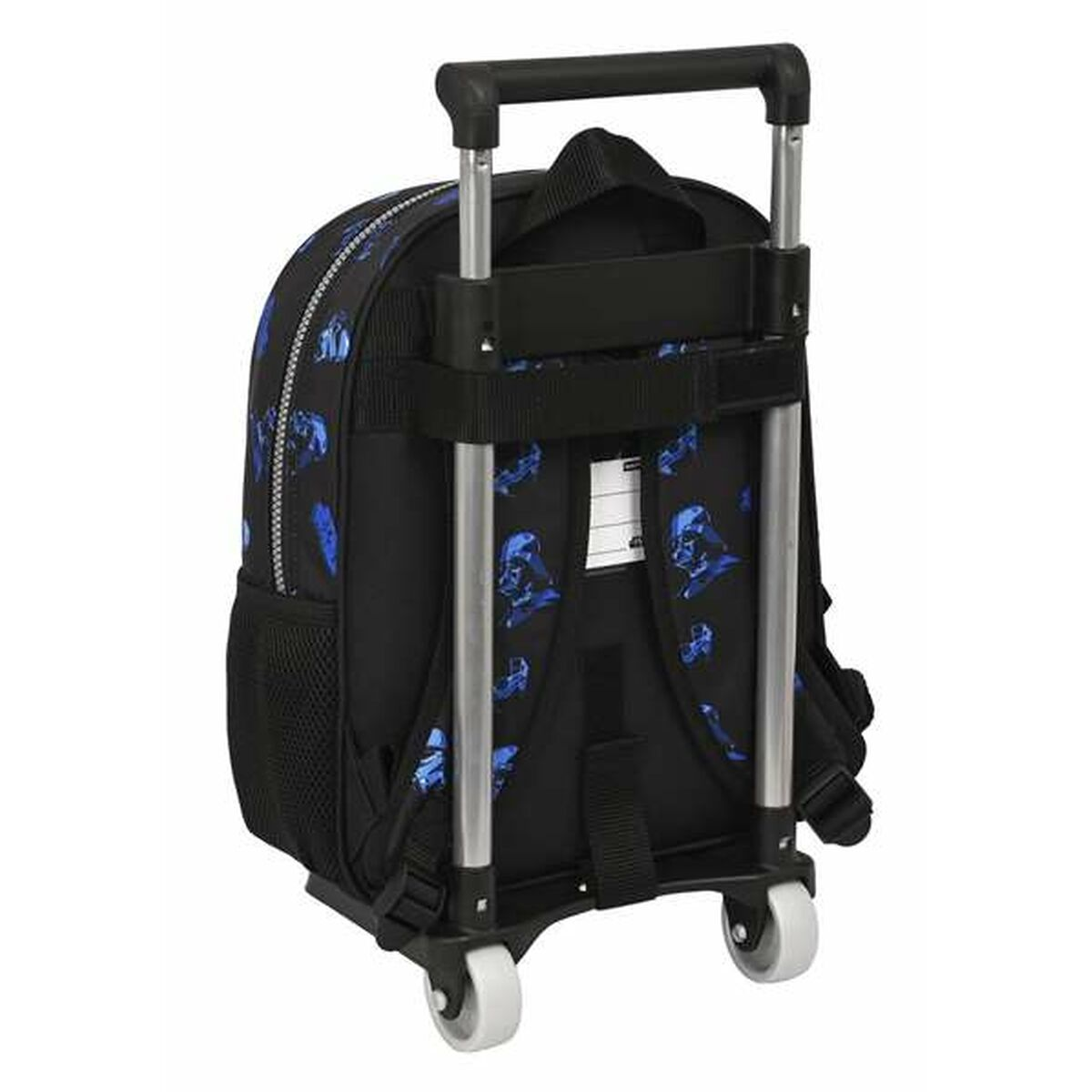 Ein schwarzer Star Wars Rollrucksack mit blauen Charakterdesigns.