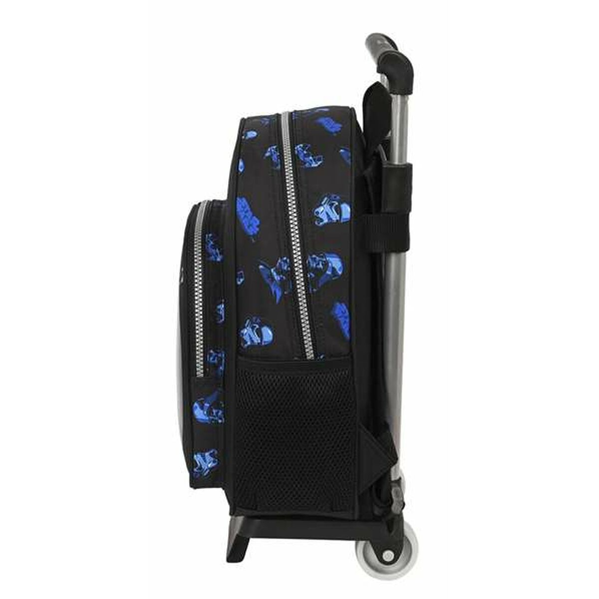 Schwarz-blauer Rollrucksack, Seitenansicht mit schwarzer Netztasche.