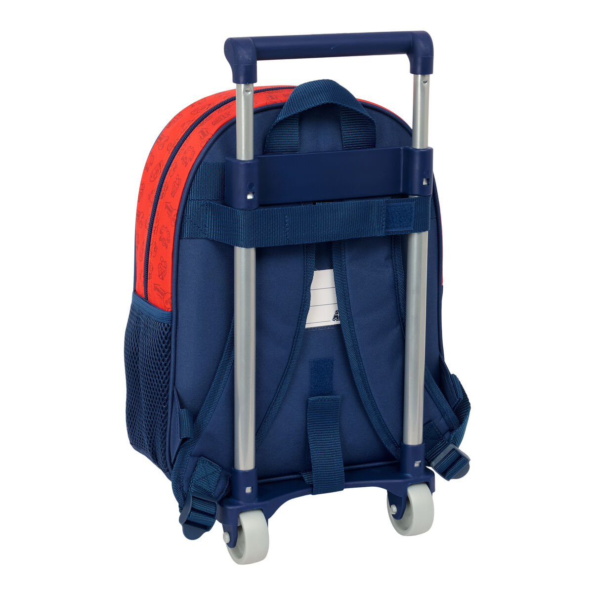 Rollender Rucksack, rot und blau mit Autodesigns. Teleskopgriff und zwei Räder.