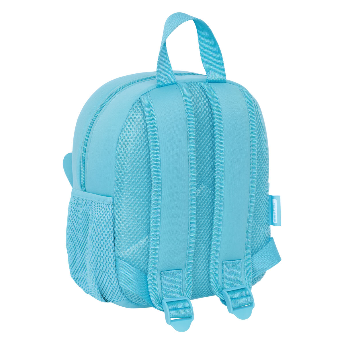Blauer kleiner Rucksack mit Netztasche und Trägern.