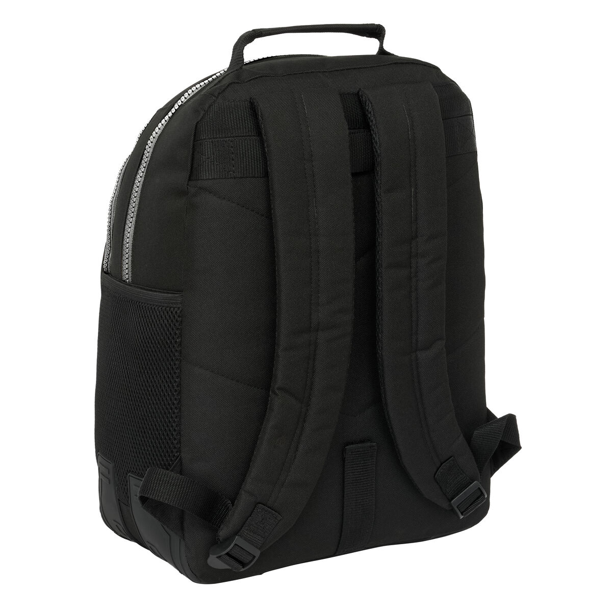 Schwarzer Rucksack mit Reißverschluss und Seitentasche aus Mesh. Mit Griff und Schultergurten.