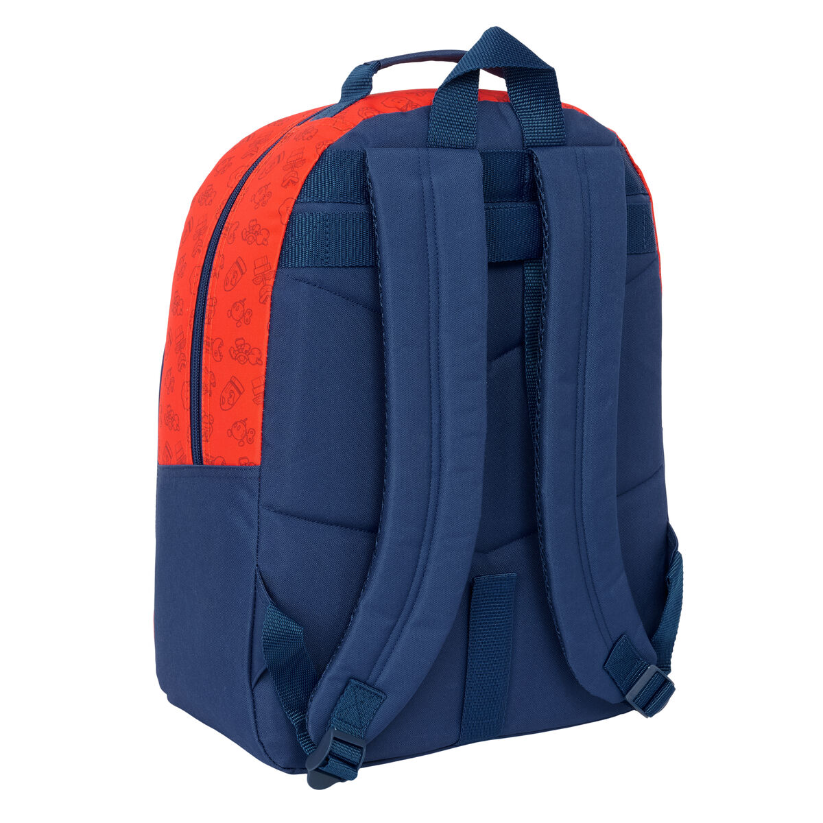 Rucksack, roter Oberteil mit wiederholtem Design, blauer Boden und Träger. Rotes und blaues Farbschema.