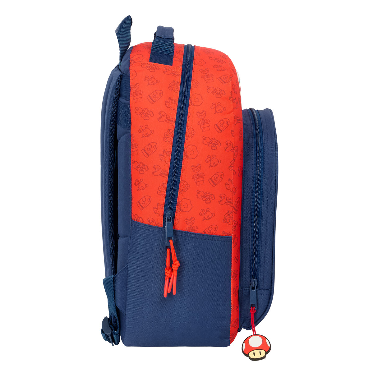 Blauer und roter Mario-Rucksack mit Pilzanhänger. Mit Reißverschlüssen und Seitentasche.
