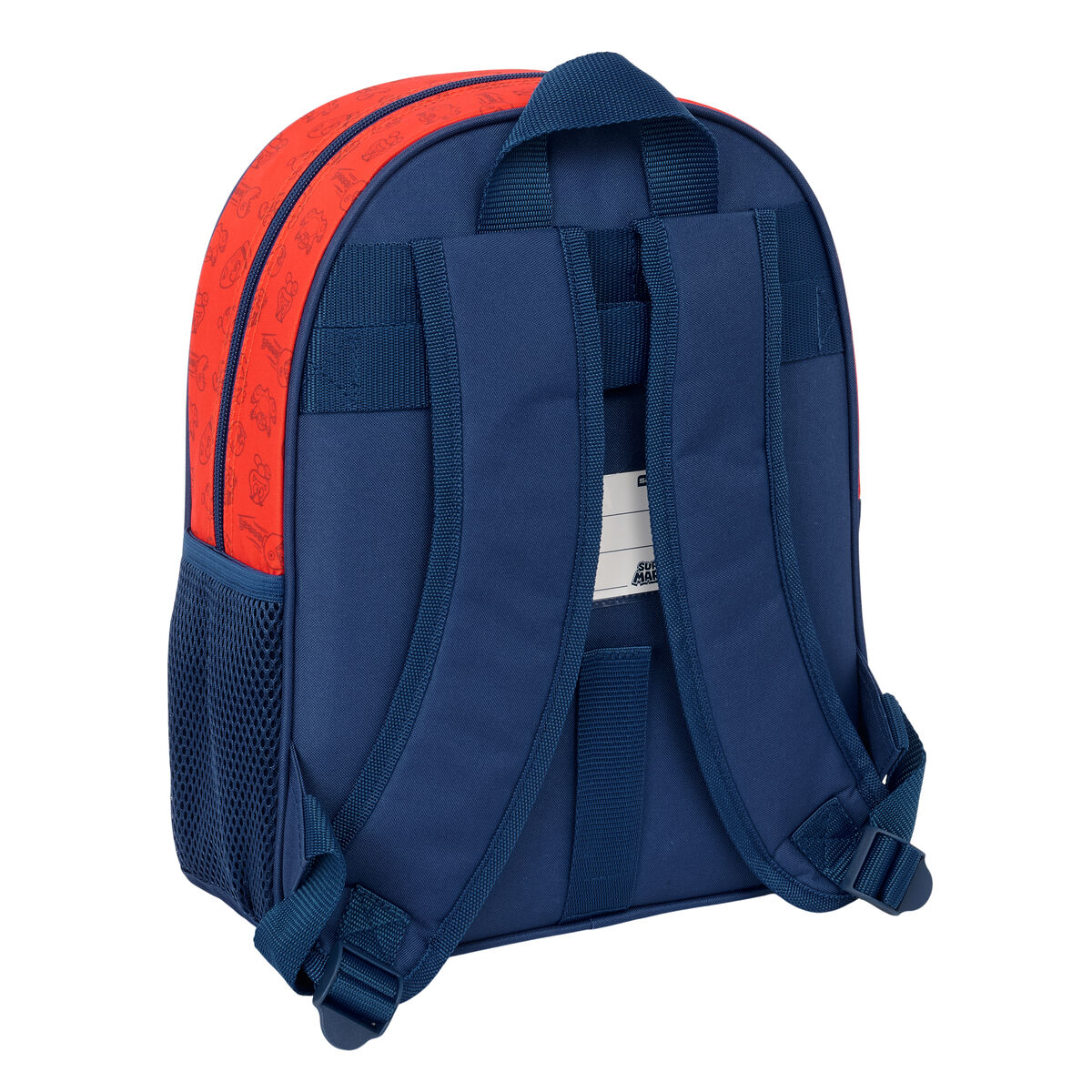 Blauer und roter Mario-Rucksack. Blaue Träger und Netztasche. Weißer Hintergrund.